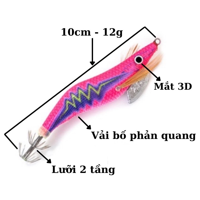 Mồi Tôm Giả Câu Mực Phát Sáng Size 2.5 Nặng 12g dài 10cm, mồi câu mực biển mực ống lá bạch tuộc biển ban đêm cực nhạy