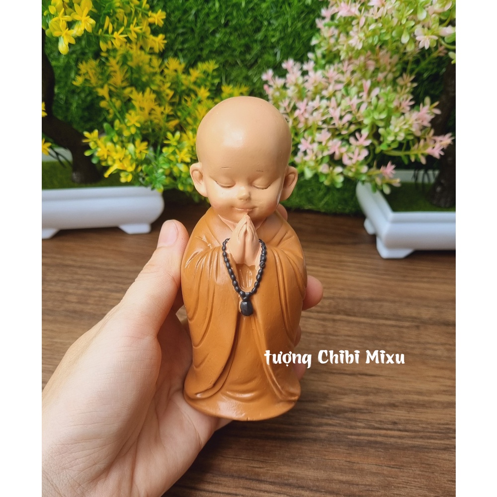 Bộ 03 tượng chú tiểu áo nâu - mẫu chú tiểu đứng đeo chuỗi 13cm