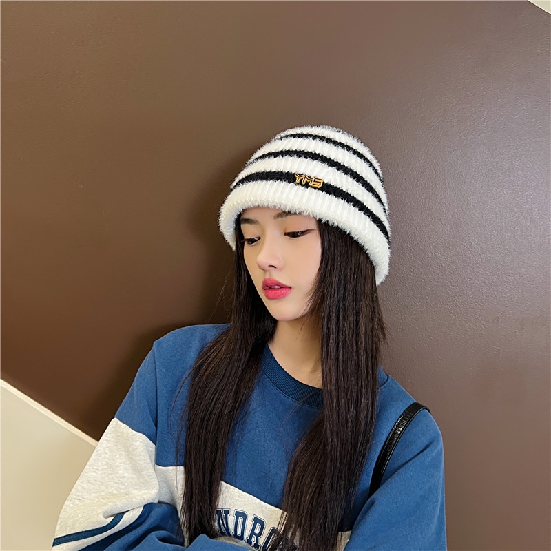 Mũ Len Dệt Kim Họa Tiết Kẻ Sọc Thời Trang Thu Đông Phong Cách Hàn Quốc Cho Cặp Đôi