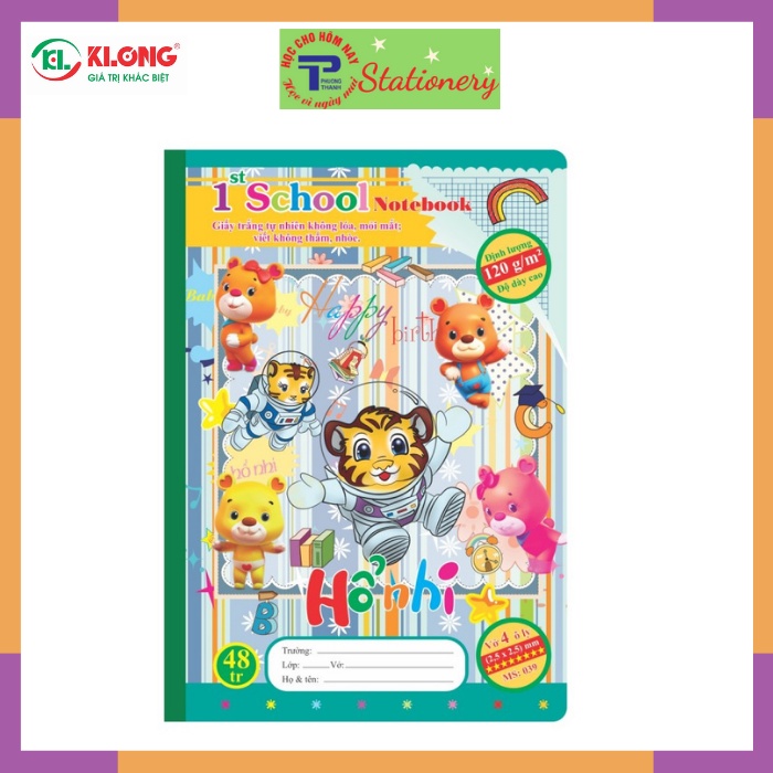 Vở 4 ô ly 48, 80 trang Klong định lượng 120g/m2 bìa hình chích bông, mèo tít, hổ nhi, sóc bi, khăm bun; MS: 038,039