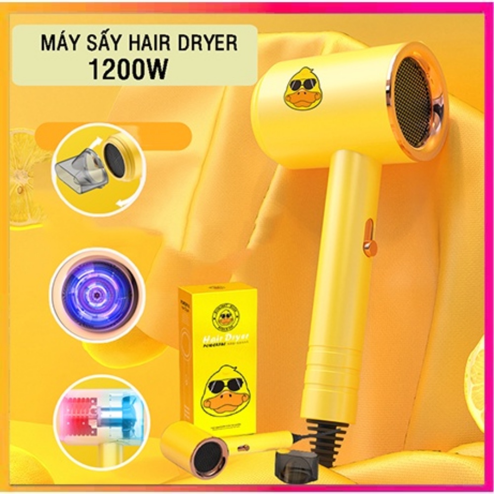 Máy Sấy Tóc Mini Hình Vịt Vàng Cute Công Suất 1200W Kèm Mỏ Sấy, 2 Chiều Nóng Lạnh, 3 Tốc Độ Gió