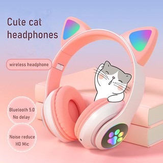 Tai nghe chụp tai Bluetooth mèo cute dễ thương, headphone chân mèo không dây, tai phone gaming có mic, đèn led siêu đẹp