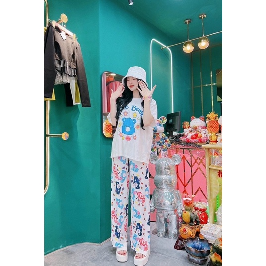 Set áo cotton quần suông gân gấu xanh xinh xắn O1