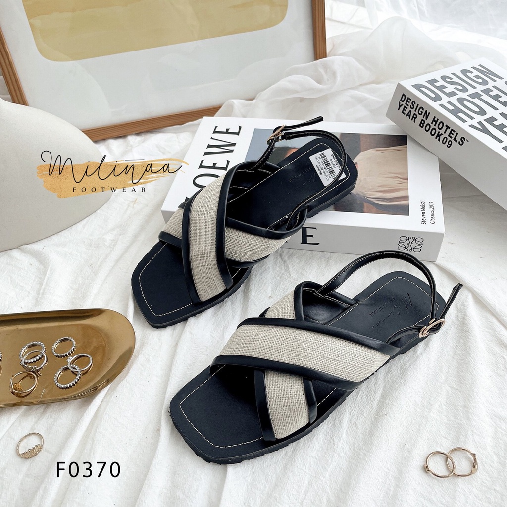 [Mã FAMARAL1 giảm 10K đơn 50K] GIÀY SANDAL NỮ ĐẾ BỆT HAI QUAI CHÉO TO PHỐI NỈ HẬU GÀI F0370