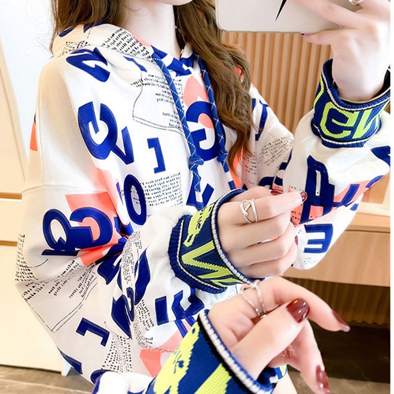 Áo khoác hoodie dáng dài in họa tiết thời trang sành điệu cho nữ 200of