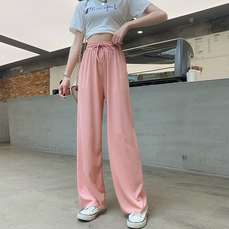 Wide leg pants women spring and summer knitted high waist ice silk drape loose small straight straight mopping pants new