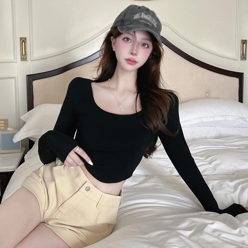 Áo Thun Croptop Tay Dài Cổ Vuông Dáng Ôm Thời Trang Mùa Thu Phong Cách Hàn Quốc Cho Nữ
