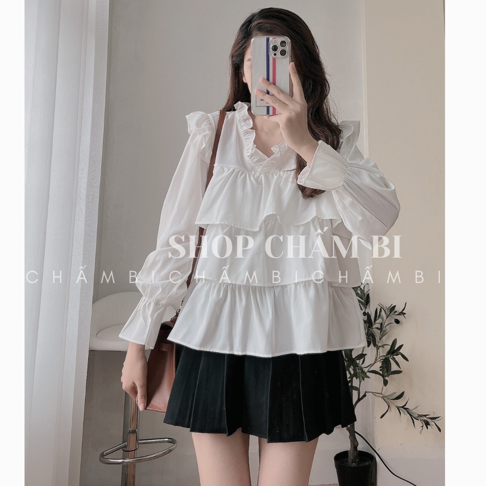 Áo kiểu nữ bánh bèo A.290, Áo sơ mi babydoll dài tay 3 tầng bèo xòe tay bo bèo nhẹ cổ tim cách điệu ngọt ngào cực xinh