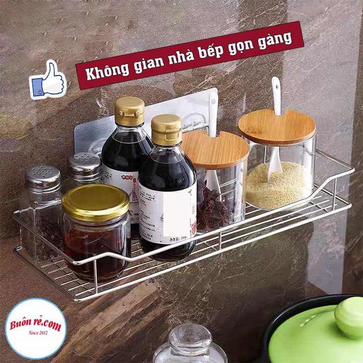 Kệ inox dán tường nhà bếp kèm 6 móc TẶNG 2 MIẾNG DÁN ĐÔI - Giá inox để đồ phòng tắm dán tường tiện lợi 01585 01586