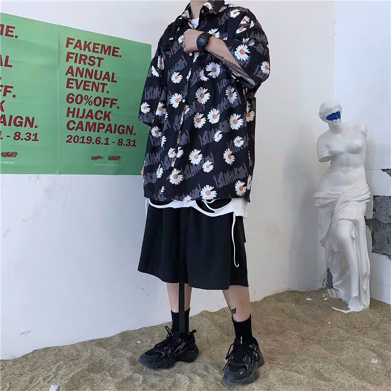 ÁO POLO CỔ BẺ LOANG HOA CÚC - ÁO SƠ MI TAY LỠ IN HOA CÚC TRẮNG ĐEN ULZZANG