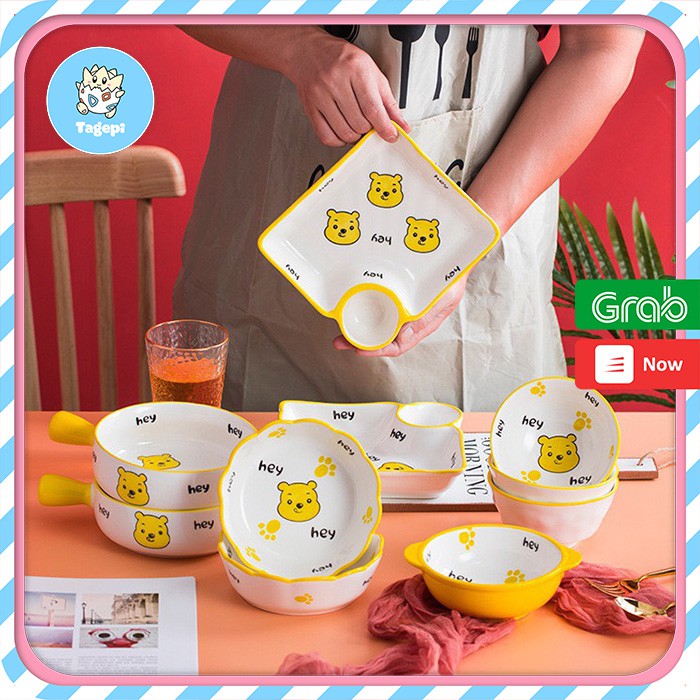 Bộ bát đĩa sứ TAGEPI, set bát đĩa bằng sứ họa tiết Gấu Pooh - bộ bát đĩa ăn cơm, chén dĩa decor món bằng sứ men đẹp