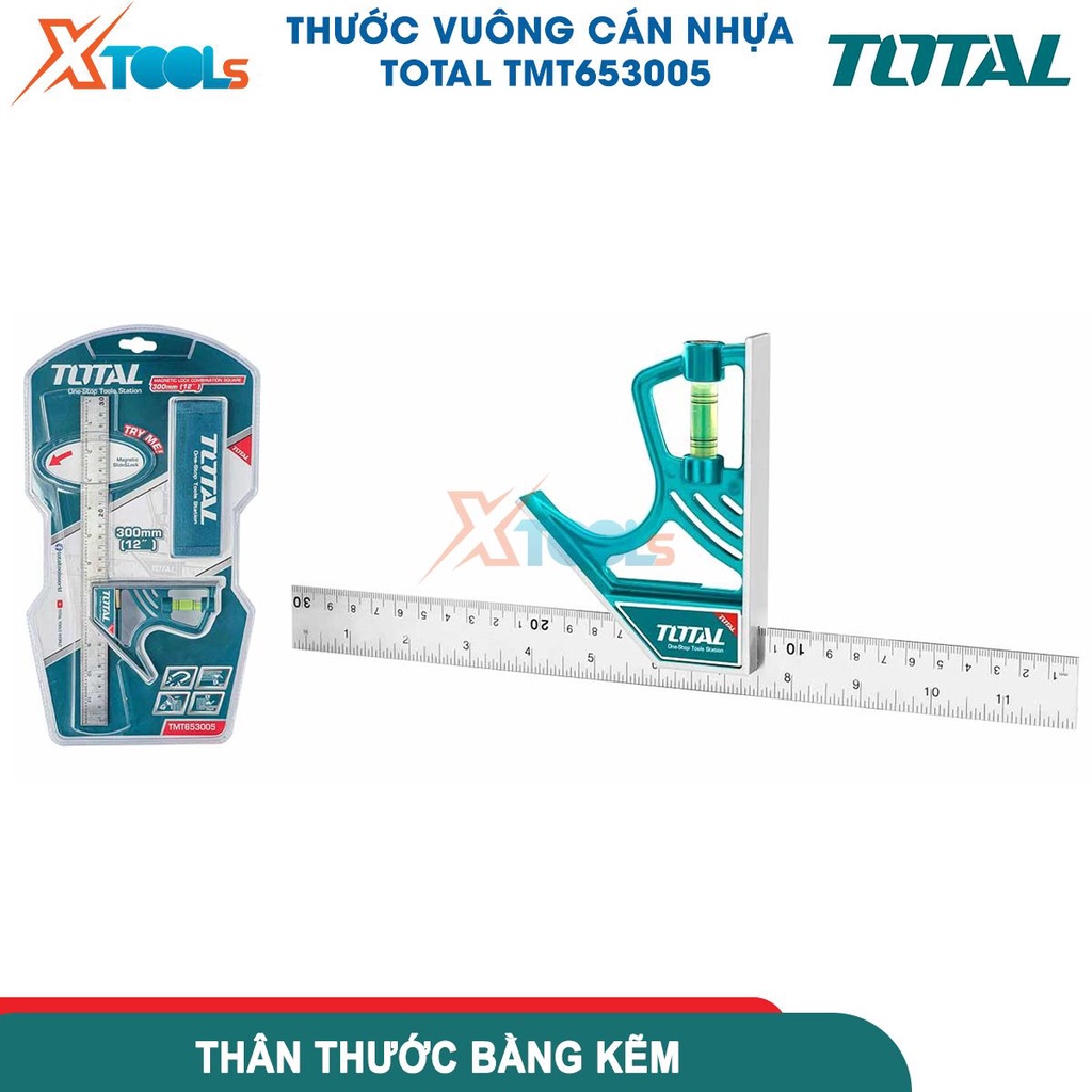 Thước eke vuông đo góc kèm thước thủy total TMT653005 300mm kẽm công nghiệp không gỉ, lưỡi bản 25mm -CHÍNH HÃNG-XTOOLS