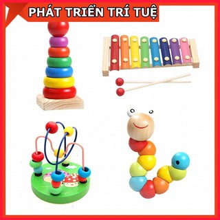 Combo sét 4 món đồ chơi - luồn hạt - con sâu gỗ - đàn gỗ 8 thanh - cầu vồng - giúp bé phát triển trí thông minh