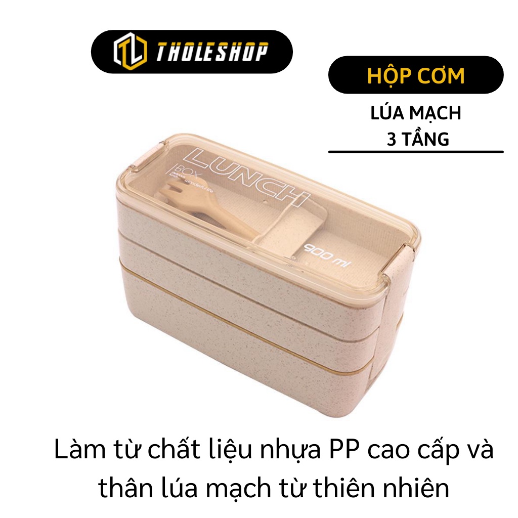 Hộp Đựng Cơm - Hộp Cơm 3 Tầng Lúa Mạch Kèm Muỗng Nĩa, Nắp Đậy Khít, Chống Tràn 5637
