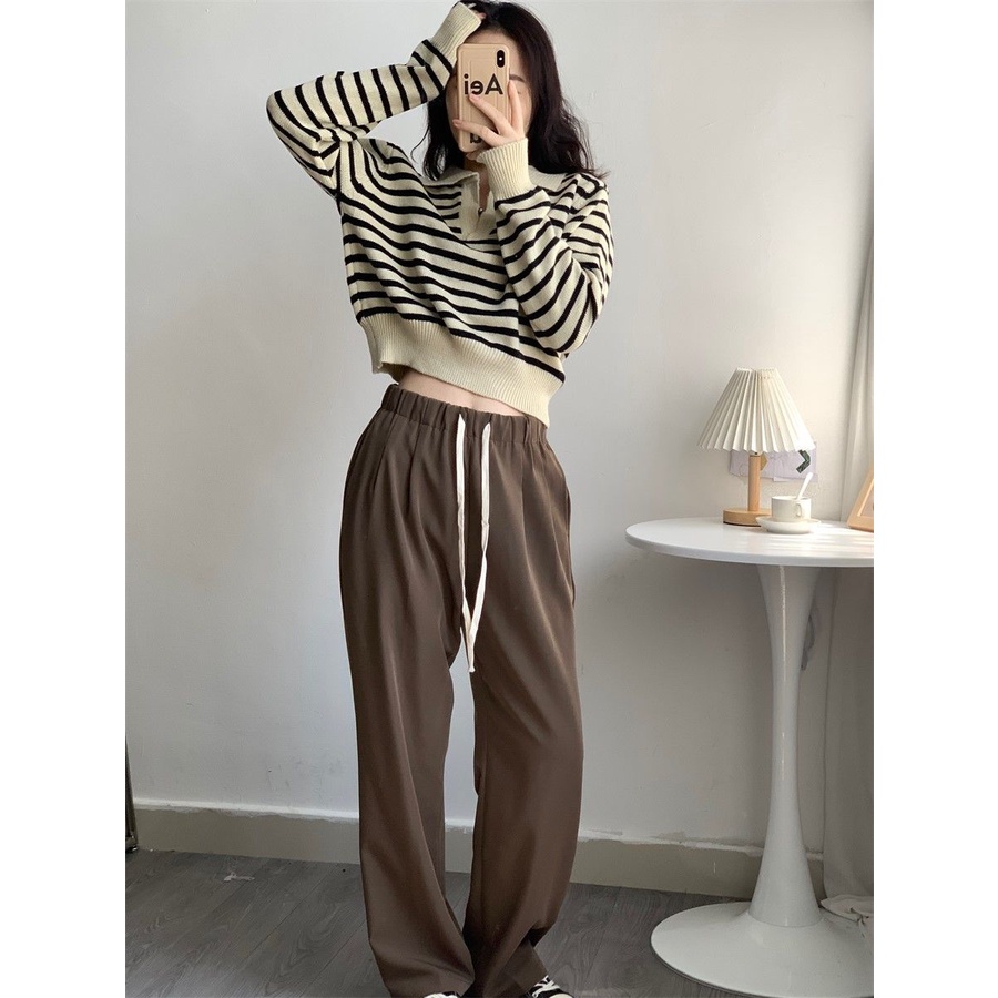 Áo Len Cánh Dơi Ngắn Cổ Chữ V Họa Tiết Kẻ Sọc Màu Tương Phản Thời Trang Hàn Quốc Mới Cho Nữ