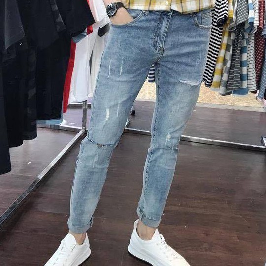 Quần jean nam xanh chất jean rách gối thời trang