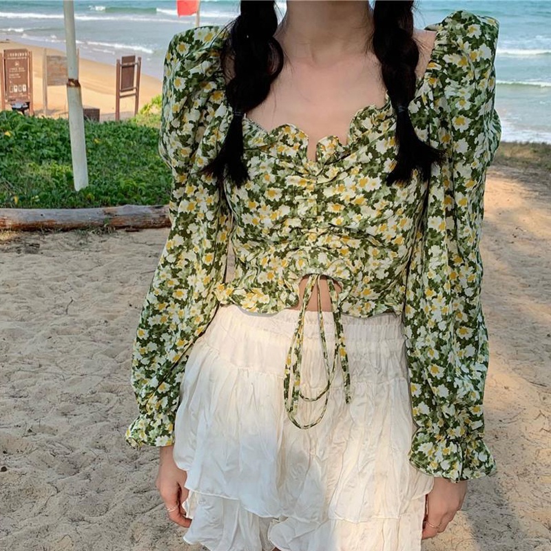 IELGY Áo Kiểu Tay Dài Cổ Chữ v In Họa Tiết Hoa Phong Cách Cổ Điển Dành Cho Nữ