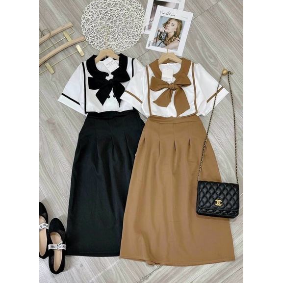 Set tiểu thư áo thủ thuỷ phối chân váy dài qua gối - Màu đen/ nude - Shop Táo Đỏ Bigsize 50kg-90kg
