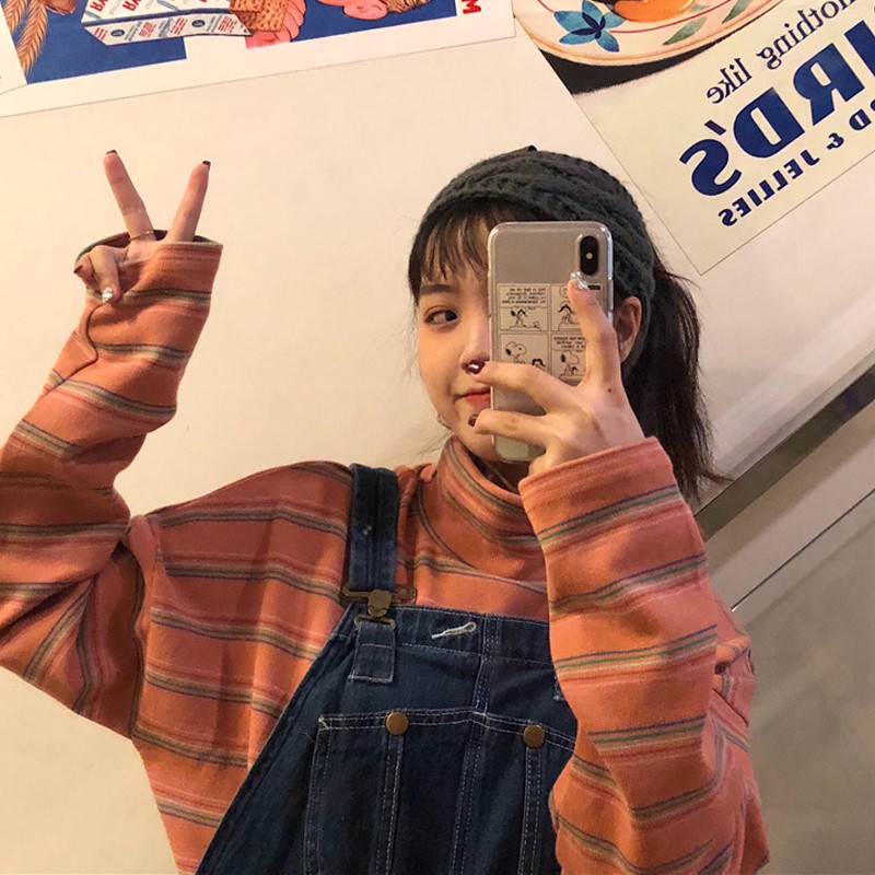 Có sẵn | Áo nỉ ulzzang cổ cao kẻ ngang MS2043 | BigBuy360 - bigbuy360.vn