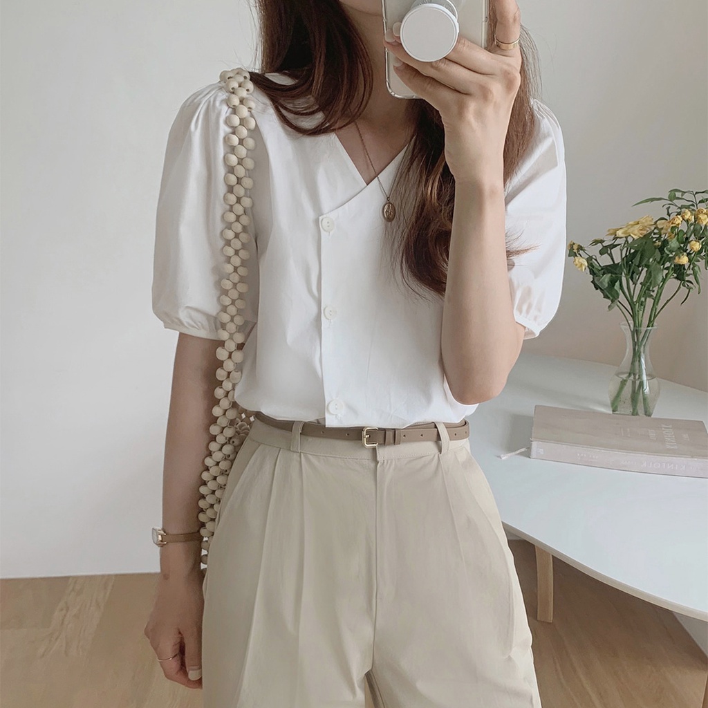 SUXI Áo Sơ Mi Tay Ngắn Cổ Chữ V Dáng Rộng Màu Sắc Đơn Giản Thời Trang Mùa Hè Cho Nữ