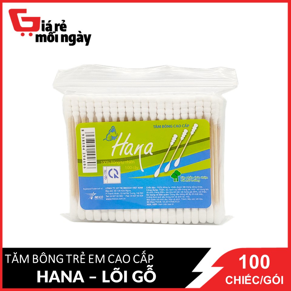 Tăm bông Hana gói lõi gỗ 100 1 đầu tròn , 1 đầu xoắn