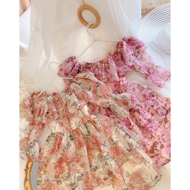 Đầm nữ trễ vai hoa tiết hoa xếp tầng cực dễ thương hàng may kỹ có lót toàn thân | BigBuy360 - bigbuy360.vn