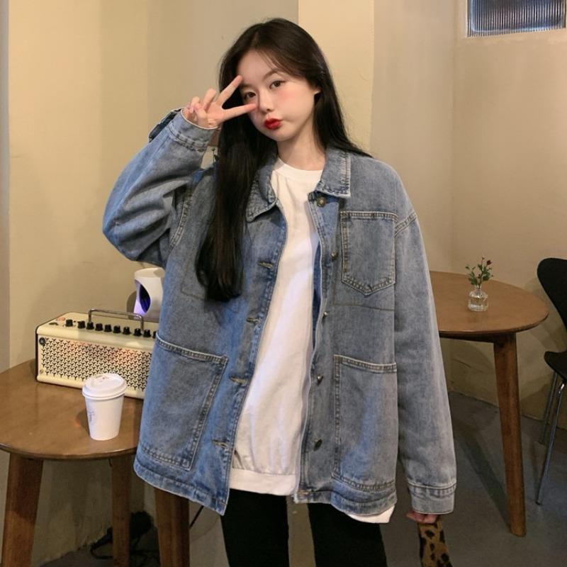Áo Khoác Denim Tay Dài Dáng Rộng Phong Cách Hàn Quốc Thời Trang Xuân Thu Cho Nữ
