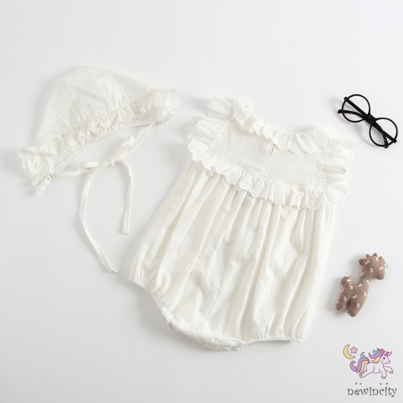 Bộ Áo Liền Quần &amp; Mũ Trùm Đầu Phối Ren Cho Bé Gái Sơ Sinh