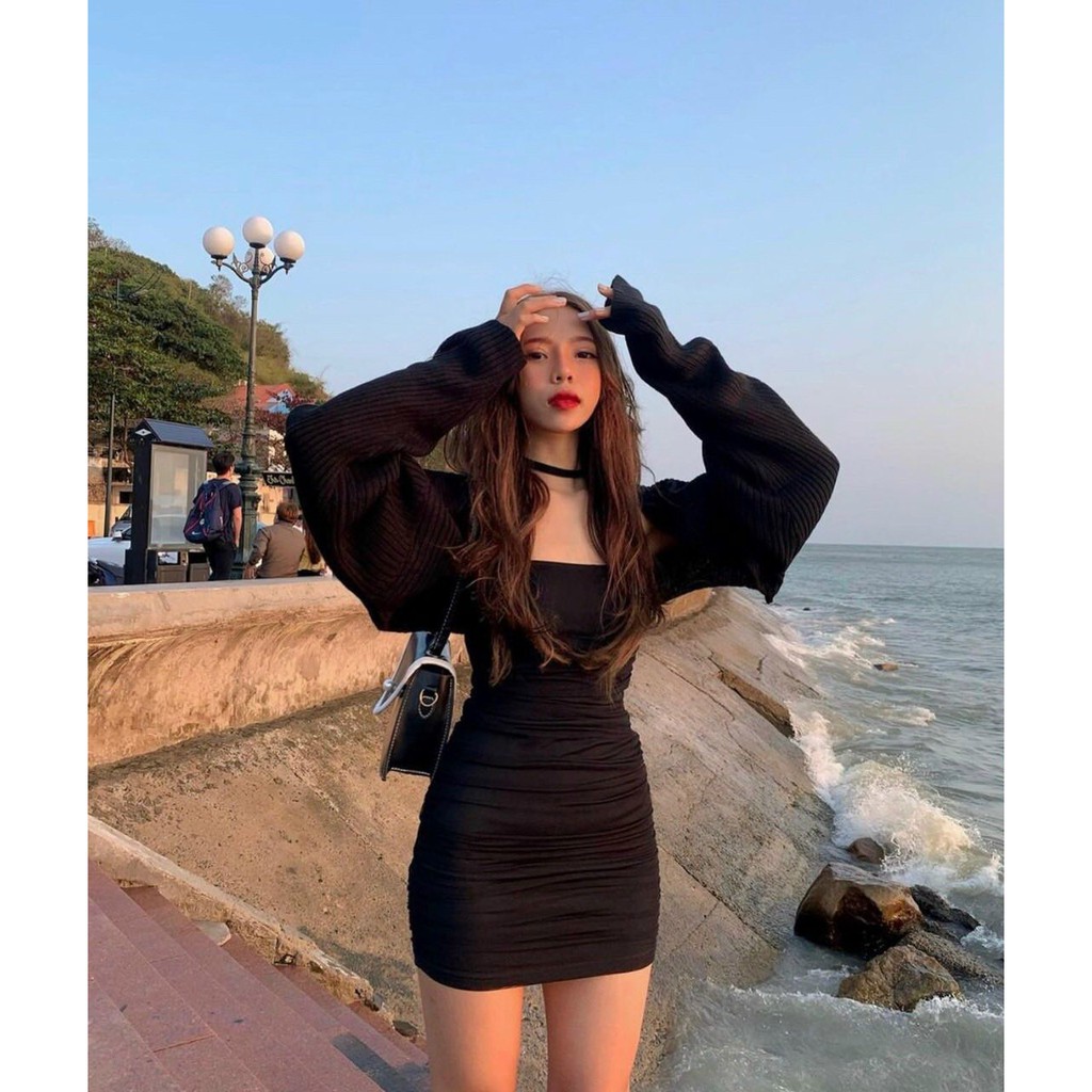 Set váy ôm body 2 dây nhún sườn áo khoác croptop tay dài, set nữ sang chảnh