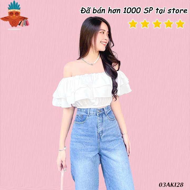 Áo kiểu nữ croptop bèo bẹt vai xếp tầng trơn đen, trắng THOCA HOUSE xinh xắn, dễ thương cho nàng