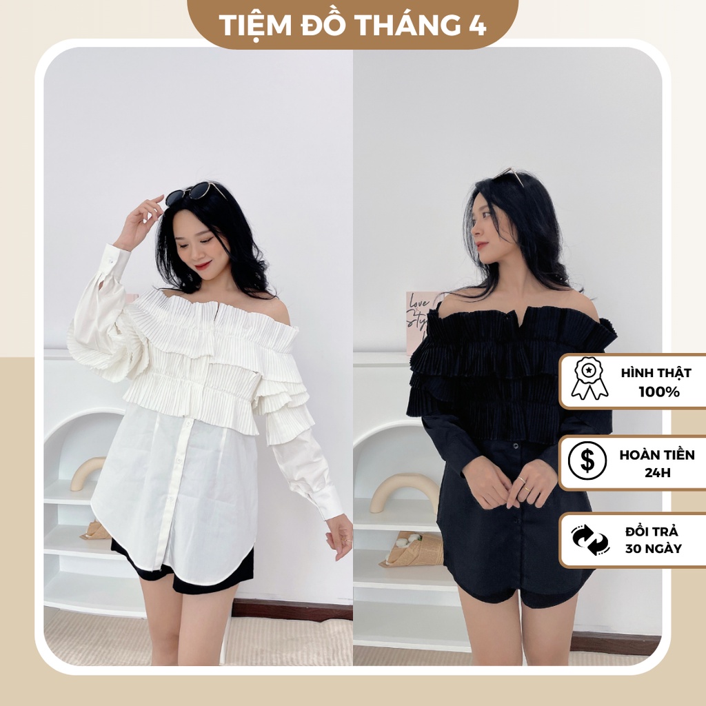 Áo Trễ Vai Xếp Ly TIỆM ĐỒ THÁNG 4 Vải Kate Mỹ 2 Màu Trắng Đen Thiết Kế Trễ Vai Xếp Ly Điệu Đà Sang Xịn CALL SHIRT S21005