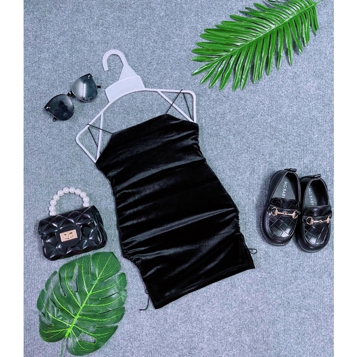 Đầm Body Nhung Dây Rút Hở Lưng Dây Chéo Cho Bé Gái Sành Điệu