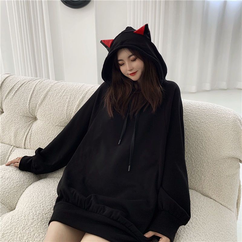 Áo Hoodie Nhung Dày Dặn Đính Tai Mèo Dễ Thương Xinh Xắn Cho Nữ