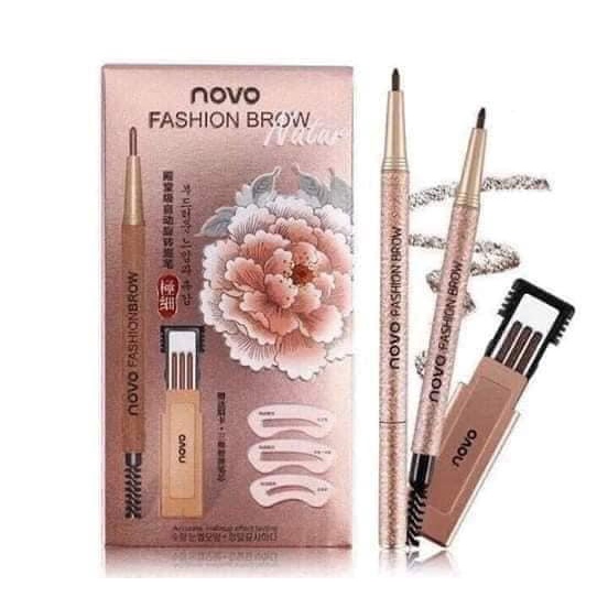 Bộ dụng cụ vẽ lông mày NOVO 7 trong 1 gồm bút kẻ + ngòi thay thế + thẻ tạo hình trang điểm tiện dụng