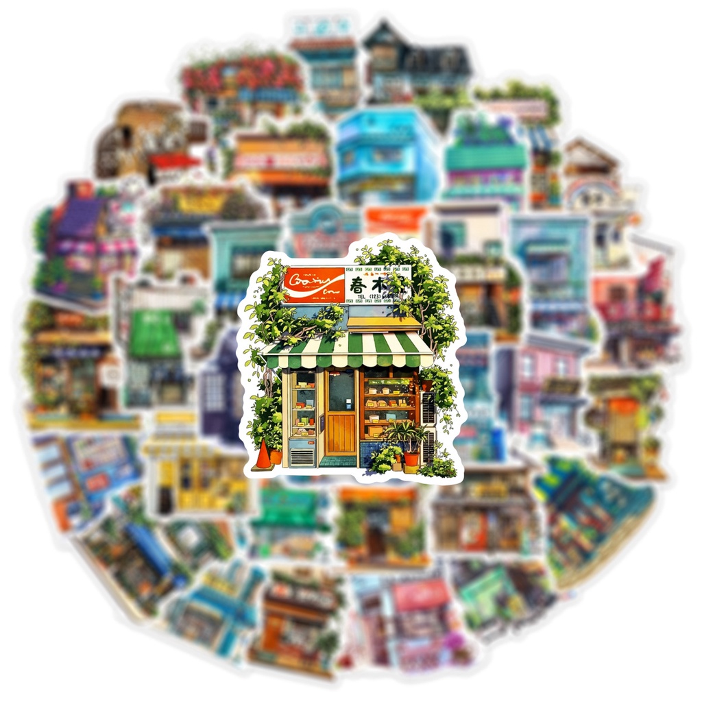 Set 50 Sticker Dán Trang Trí Điện Thoại / Laptop Hình Cửa Hàng Nhật Bản Dễ Thương