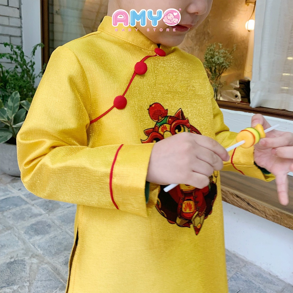 Áo dài bé trai set đồ Tết cho bé trai kèm quần lanh đen AMYO 11.BAD03.02-2