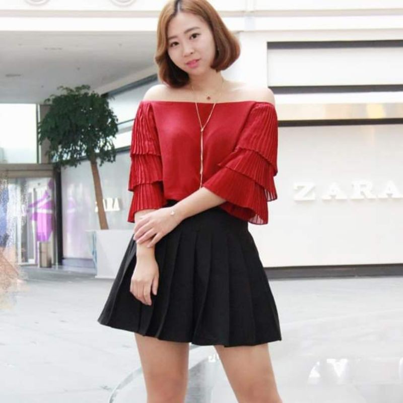 Áo trễ vai tay phối xếp ly cho người béo mập - ABEO059Chân váy xòe xếp ly - CVBEO007