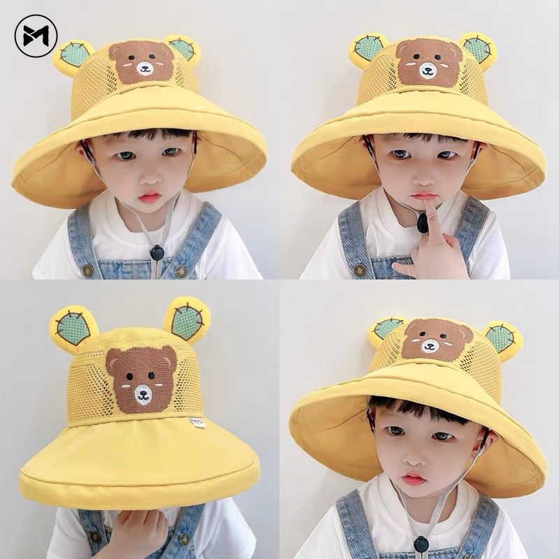 Nón Tai Bèo Phối Lưới In Họa Tiết Gấu Hoạt Hình Thoáng Khí Thời Trang Mùa Hè Cho Bé 2-6 Tuổi