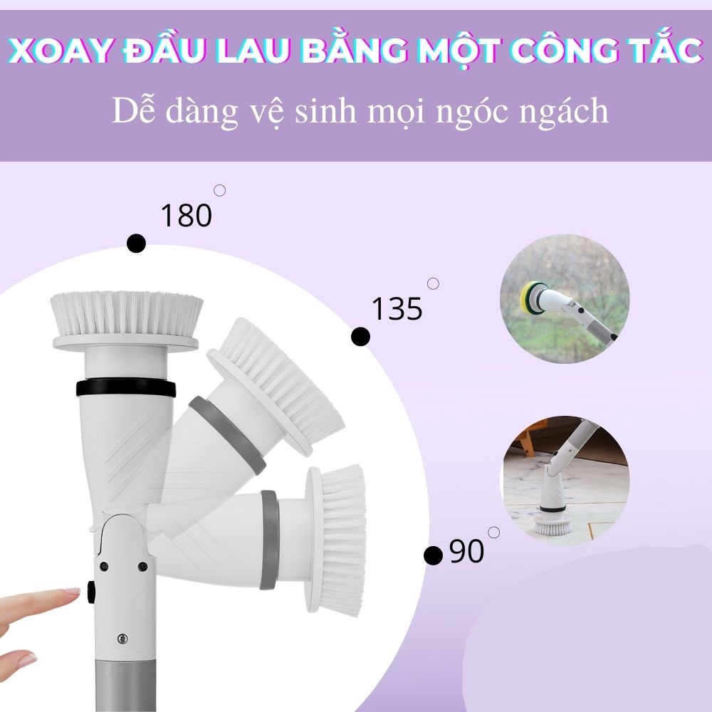 Chổi điện cọ nhà vệ sinh đa năng, chà sàn/sân/tường/kính/trần, pin 4000mah, cán dài tiện dụng