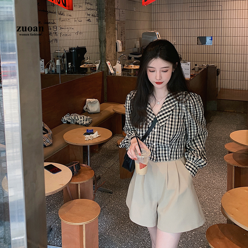 SUXI Áo kiểu tay phồng dài cổ búp bê kẻ sọc ca rô phong cách retro dành cho nữ