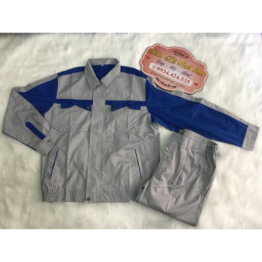 Bộ quần áo bảo hộ màu Xám + Phối Xanh - Quần áo công nhân công trình