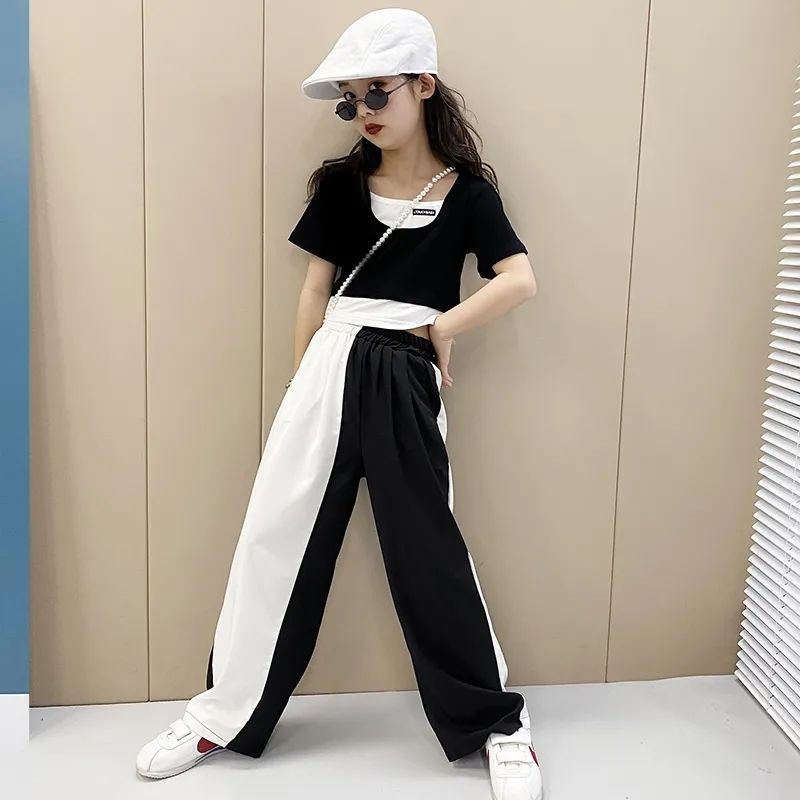 Set Áo Thun Ngắn Tay + Quần Dài Ống Rộng Thời Trang Cho Bé Gái