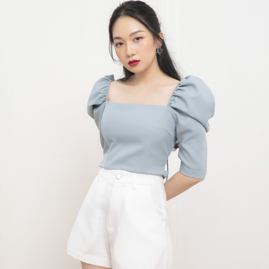 KIOBI – Áo kiểu Ari form croptop ôm cúp ngang ngực, tay phồng lửng nhún thun cổ điển, vải cotton Thái lam - KIA2061L