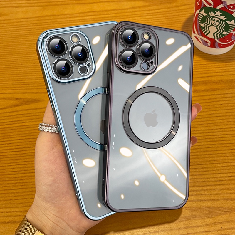 Ốp Điện Thoại Dẻo Trong Suốt Mạ Màu Sang Trọng Kèm Giá Đỡ Từ Tính Cho IPhone 13 Pro 12 Mini 11 Pro Max