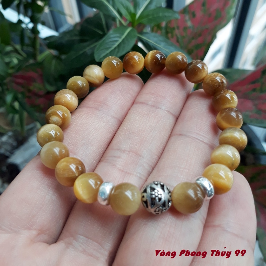 Vòng Phong Thủy Đá Mắt Hổ Vàng mix Charm Bi Bạc S925 - Vòng Phong Thủy 99 mệnh Kim, Thổ