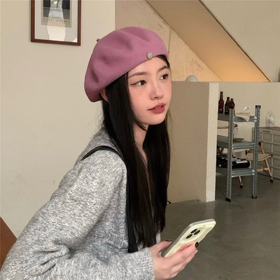Mũ Beret Len Phối Nút Kim Loại Cao Cấp Thời Trang Mùa Thu Đông Theo Phong Cách Hàn Quốc Cho Nữ