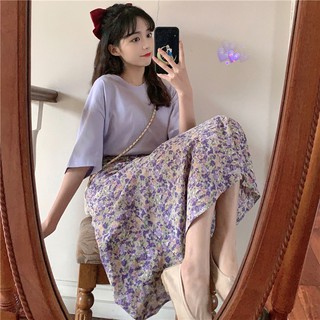 (ORDER) Chân váy hoa nhí midi dáng dài Vintage +Áo thun cộc tay style ngọt ngào Hàn Quốc (NEW ARRIVALS 2020)