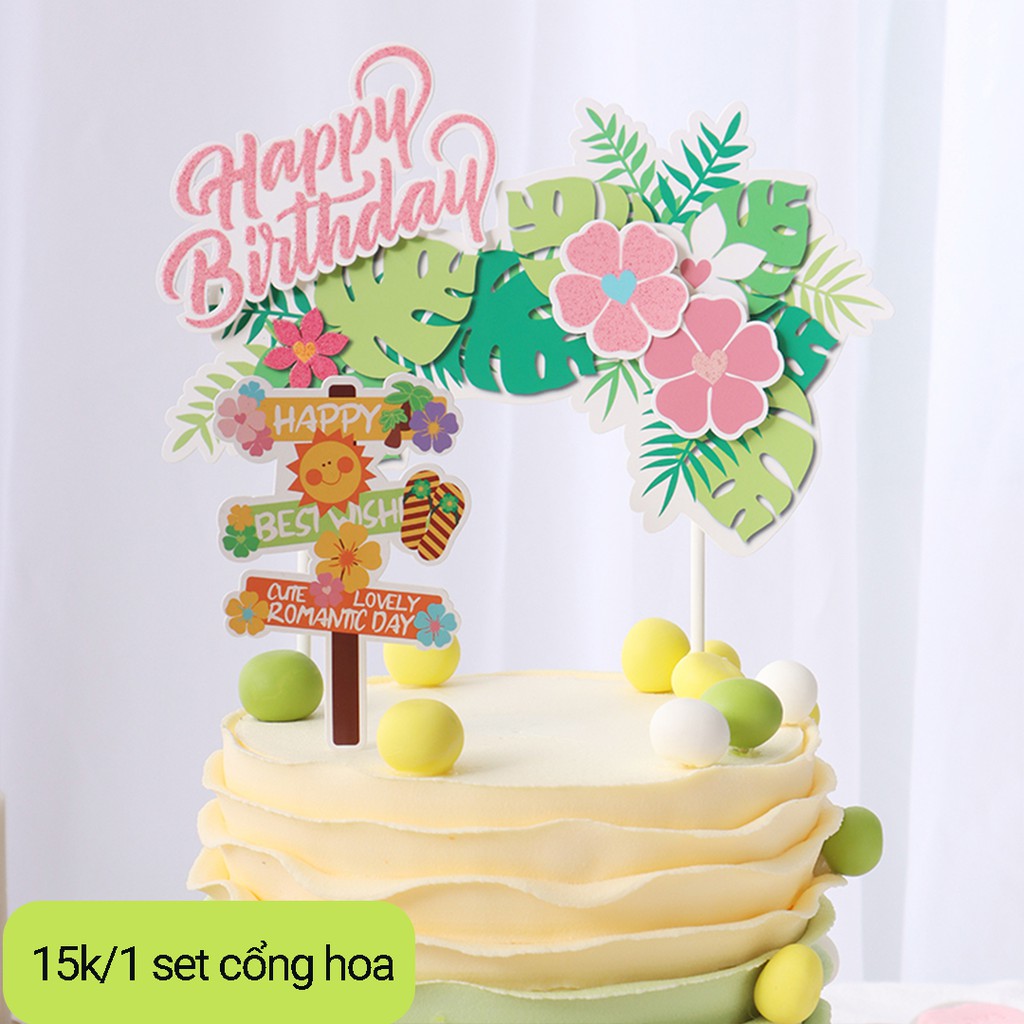 Set cổng hoa trang trí bánh chữ hpbd hồng cành cây xanh