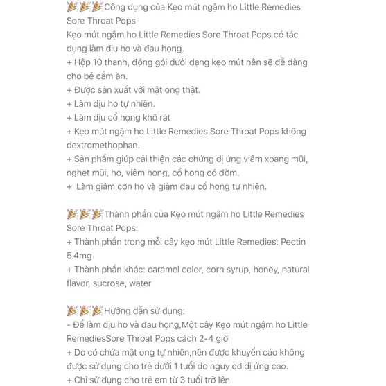 Kẹo ngậm ho Little Remedies cho bé 3tuổi