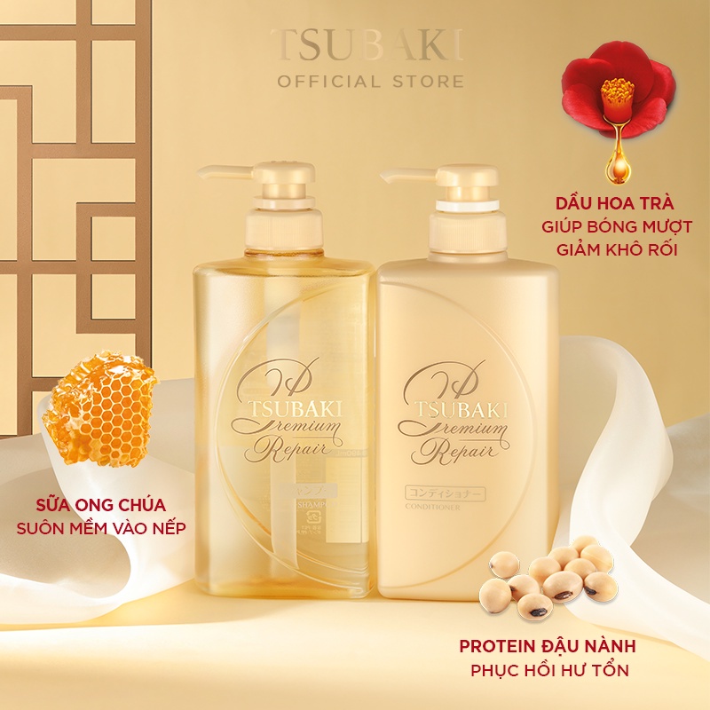 Bộ Ba Chăm Sóc Tóc Phục Hồi Ngăn Rụng Tóc Tsubaki Gội Xả (490ml/chai) + Xịt Dưỡng Tóc 220ml/chai